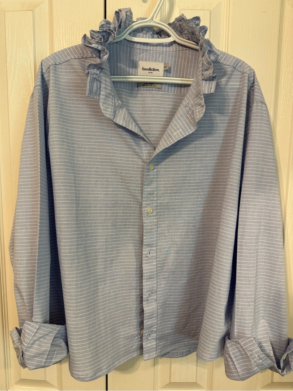 Goodfellow & Co Light Blue pinstripe Ruffle Collar Shirt